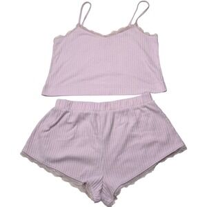 ASOS‎ DESIGN Ribbed Lace Trim Cami Shorts Pajama Set - Soft Pink Women's Small